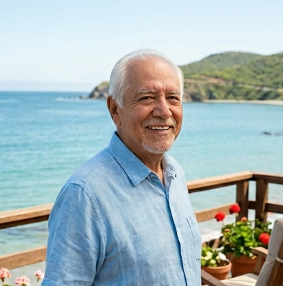 Pedro Juárez sonriendo en la playa